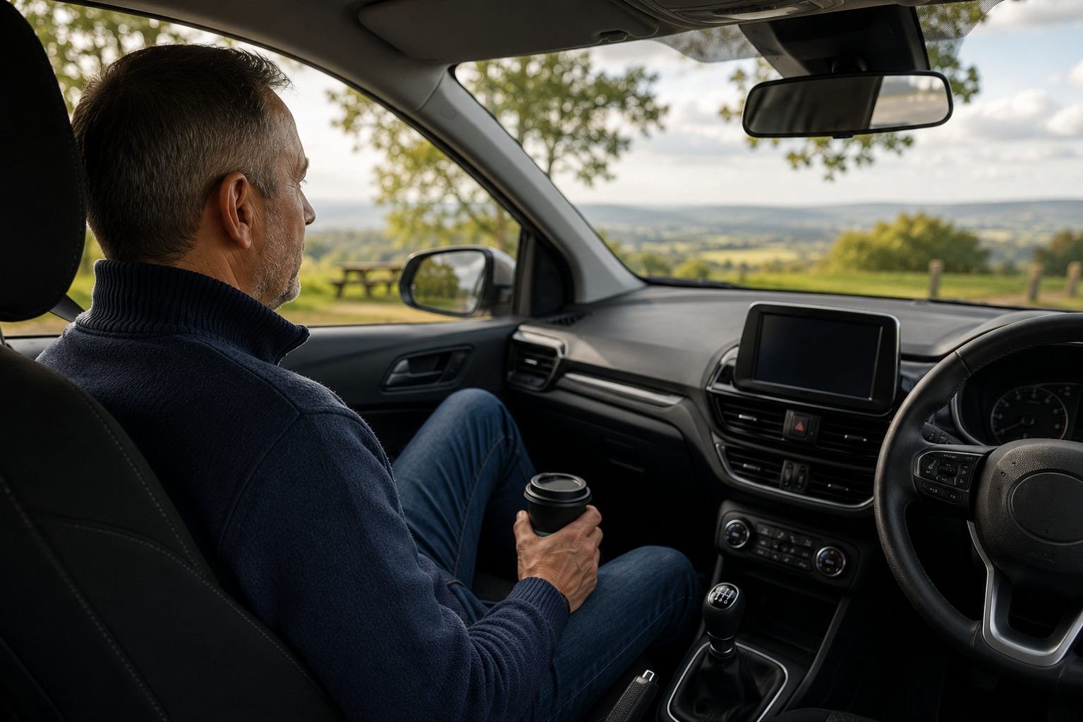 Driving instructor taking a quiet moment between lessons in a parked right-hand-drive car overlooking the countryside.