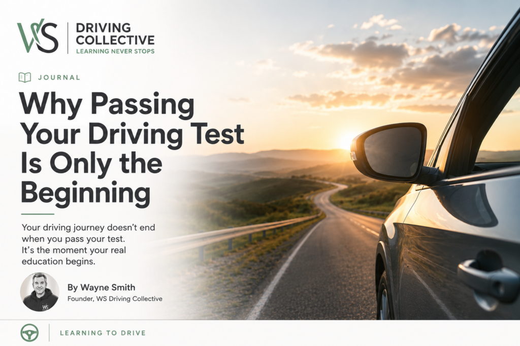 ChatGPT Image Jul 28, 2026 at 05_03_30 PM WS Driving Collective Journal cover for Why Passing Your Driving Test Is Only the Beginning, showing a car on an open road at sunset.