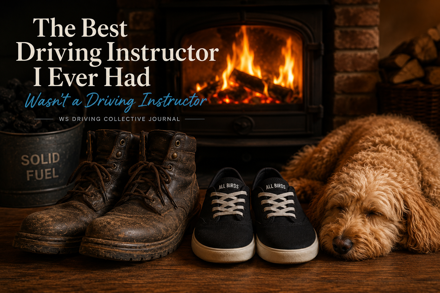 Worn work boots and modern shoes beside a sleeping Goldendoodle in front of a coal fire, illustrating lessons learned across a lifetime.