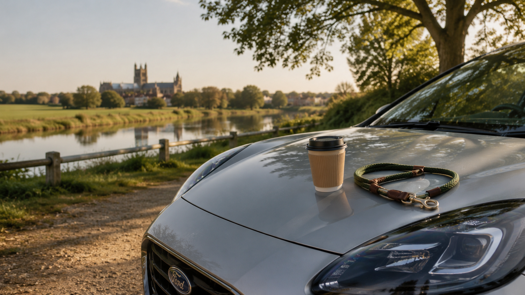 Coffee cup and dog lead resting on a silver car beside the river, representing a smarter and more balanced driving school business.