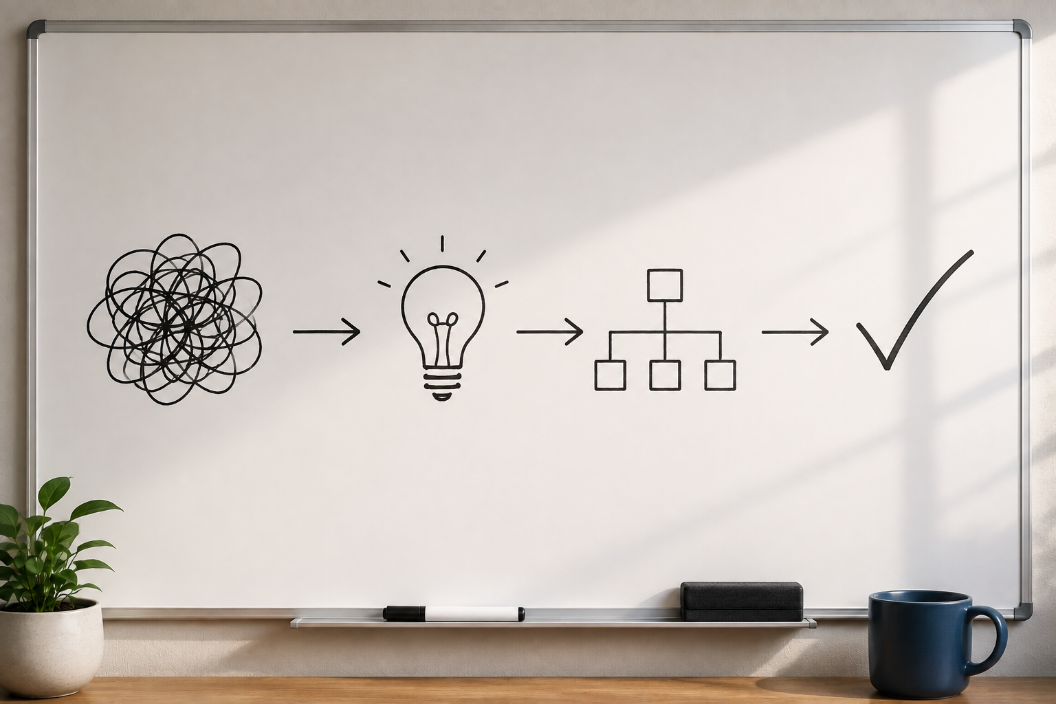 Whiteboard showing a simple visual journey from complexity to clarity using hand-drawn symbols representing a tangled problem, an idea, organised thinking and a successful outcome.