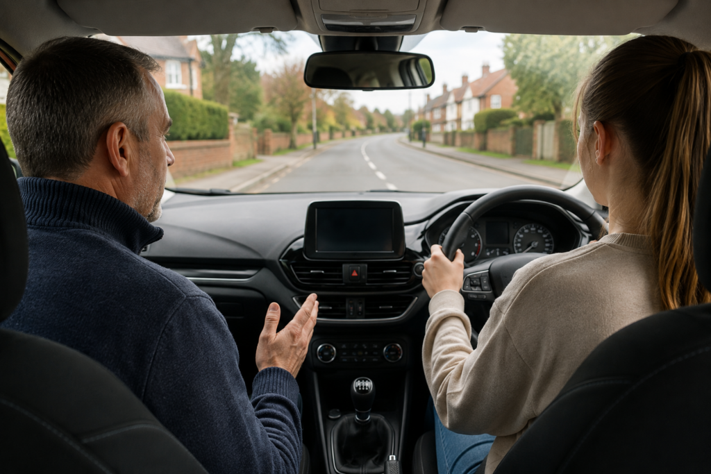 Parent calmly supporting a learner driver during private practice on a quiet UK road.
